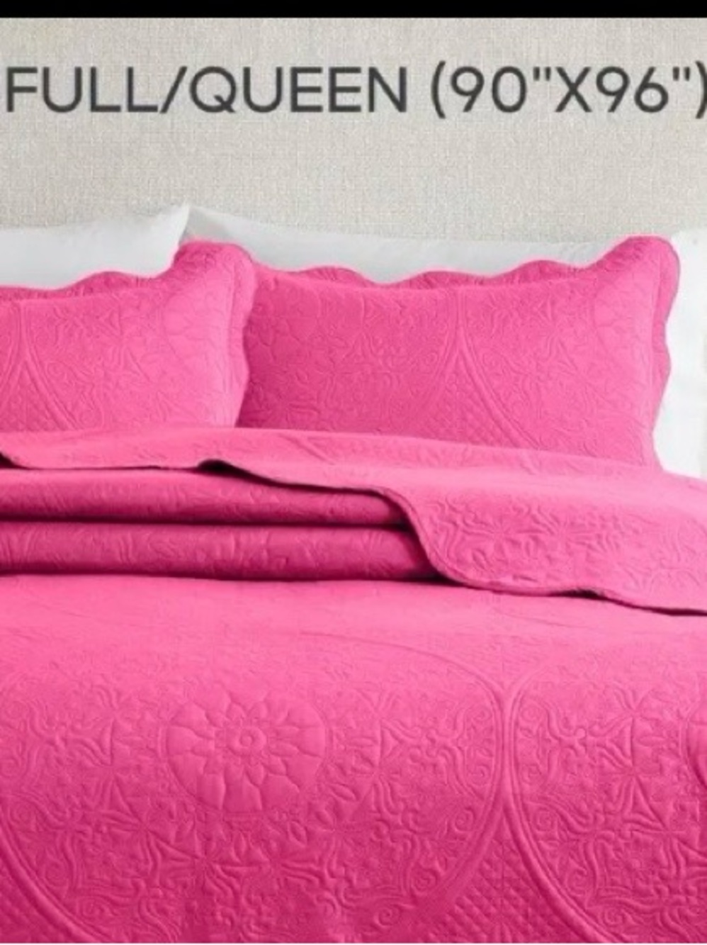 Hot Pink Full/Queen Quilted Bedspread Set with 2 Pillow Shams - Picture 2 of 5